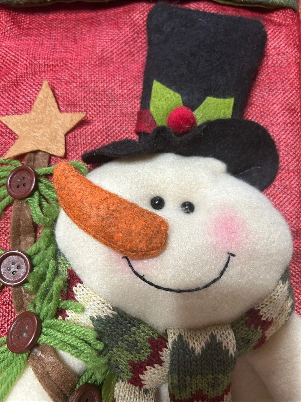 Whimsical 3D Burlap & Felt Snowman Wearing a Scarf Hangable Christmas Stocking